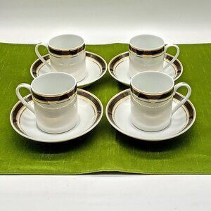Crown Porcelain Black Gold Demitasse Cup Saucer Set (4)